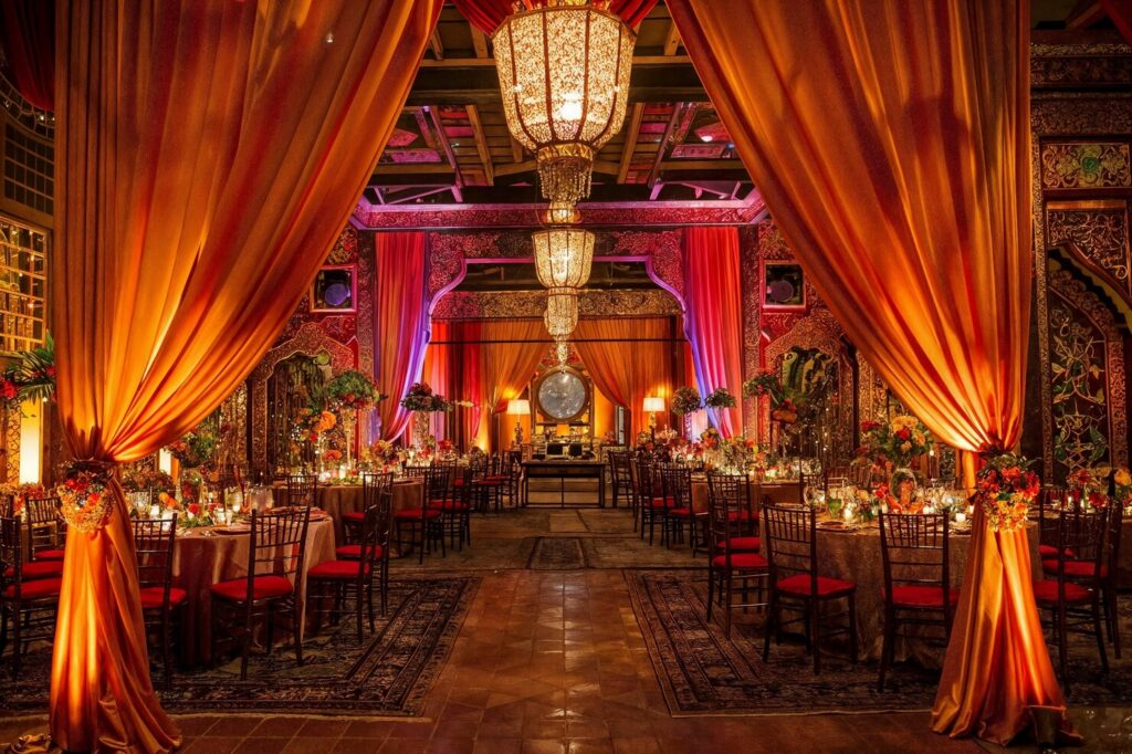 Luxurious wedding decor at Hotel Taj Palace, showcasing orange drapes and elegant chandeliers.